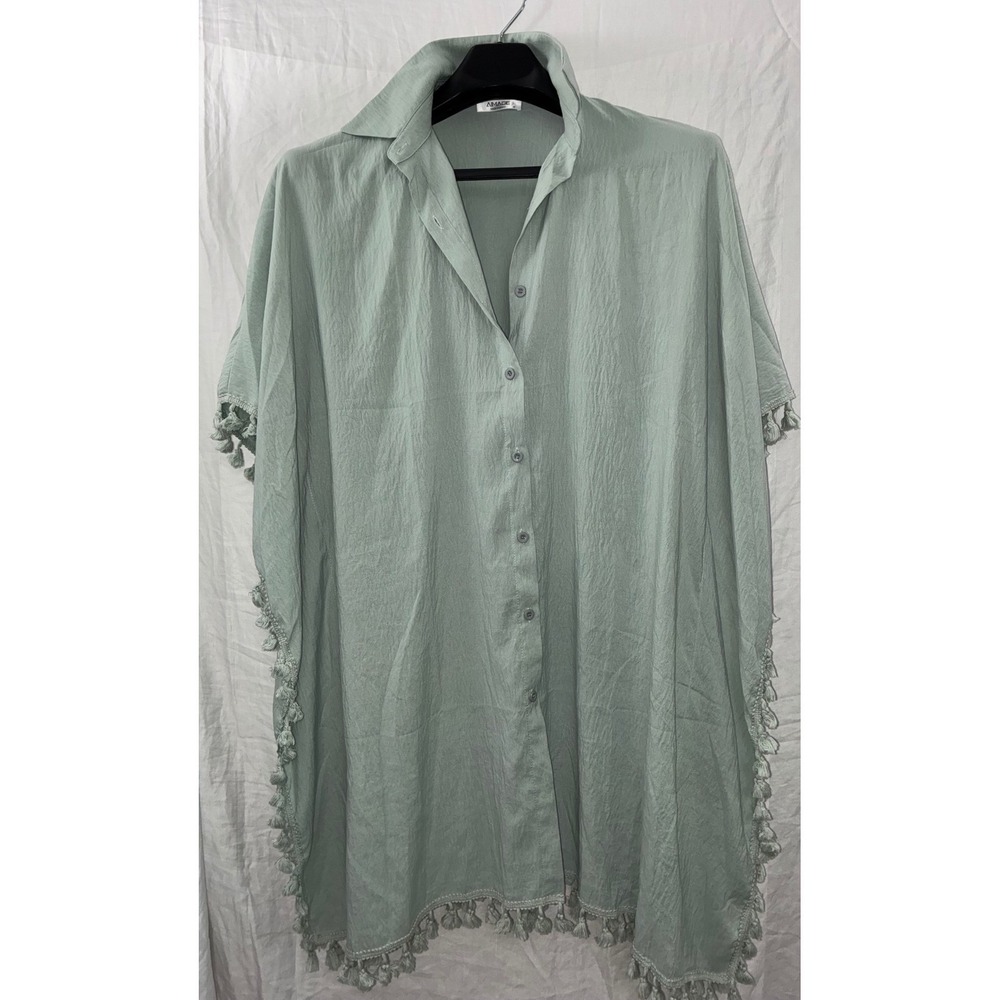 Aimage Button‎ Down Cover Up Womens Medium Green Tassel Trim Oversized Beachwear